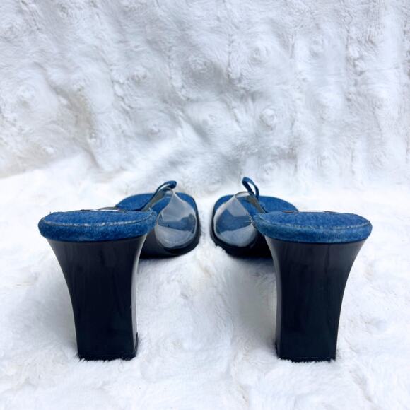 Y2K Clear Strap Square Toe Denim Heels Barbiecore Statement Party Homecoming - Picture 3 of 5